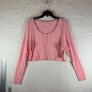 BP. Women's Long Sleeve Plus Size Henley Crop Top‎ Size 2X Pink Candy NWT 6458